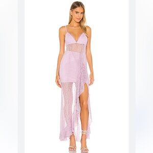 NBD purple lace maxi dress sheer v neck ruffle trim evening dress XS